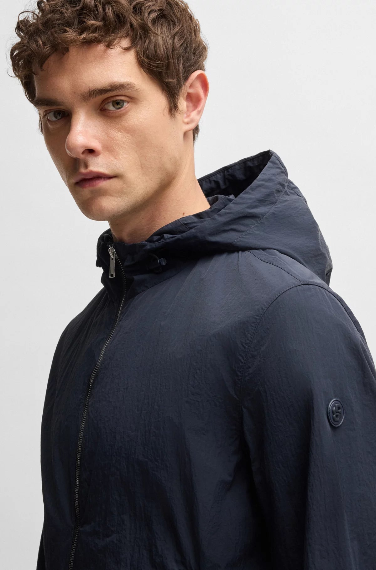 Hugo Boss Water Repellent Jacket in Crinkled Fabric with Adjustable Hood Blue